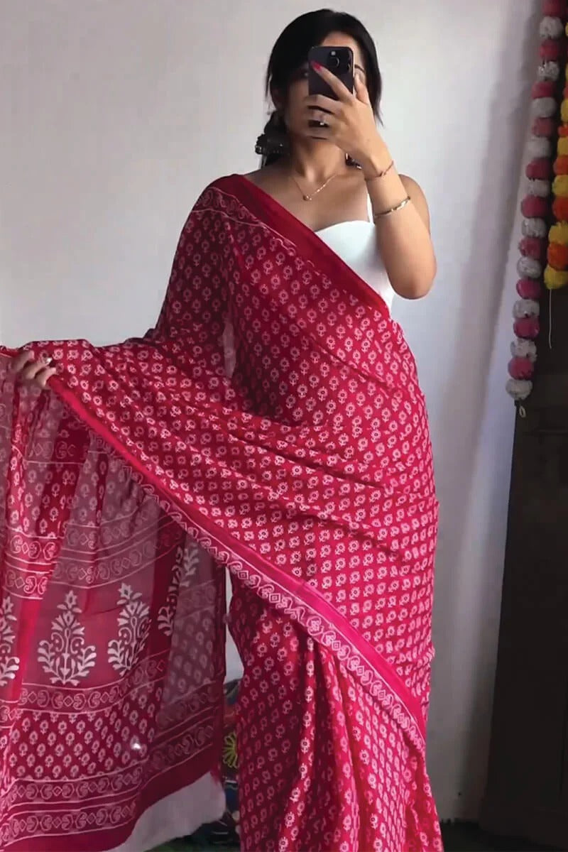 Invaluable 1-Minute Ready To Wear Dark Pink Cotton Saree