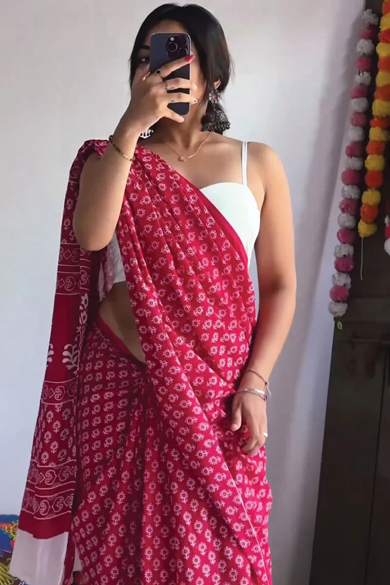 Invaluable 1-Minute Ready To Wear Dark Pink Cotton Saree