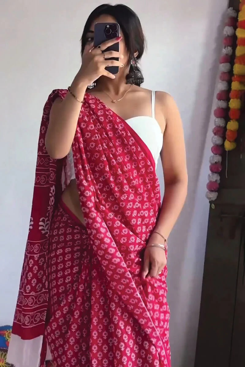 Invaluable 1-Minute Ready To Wear Dark Pink Cotton Saree