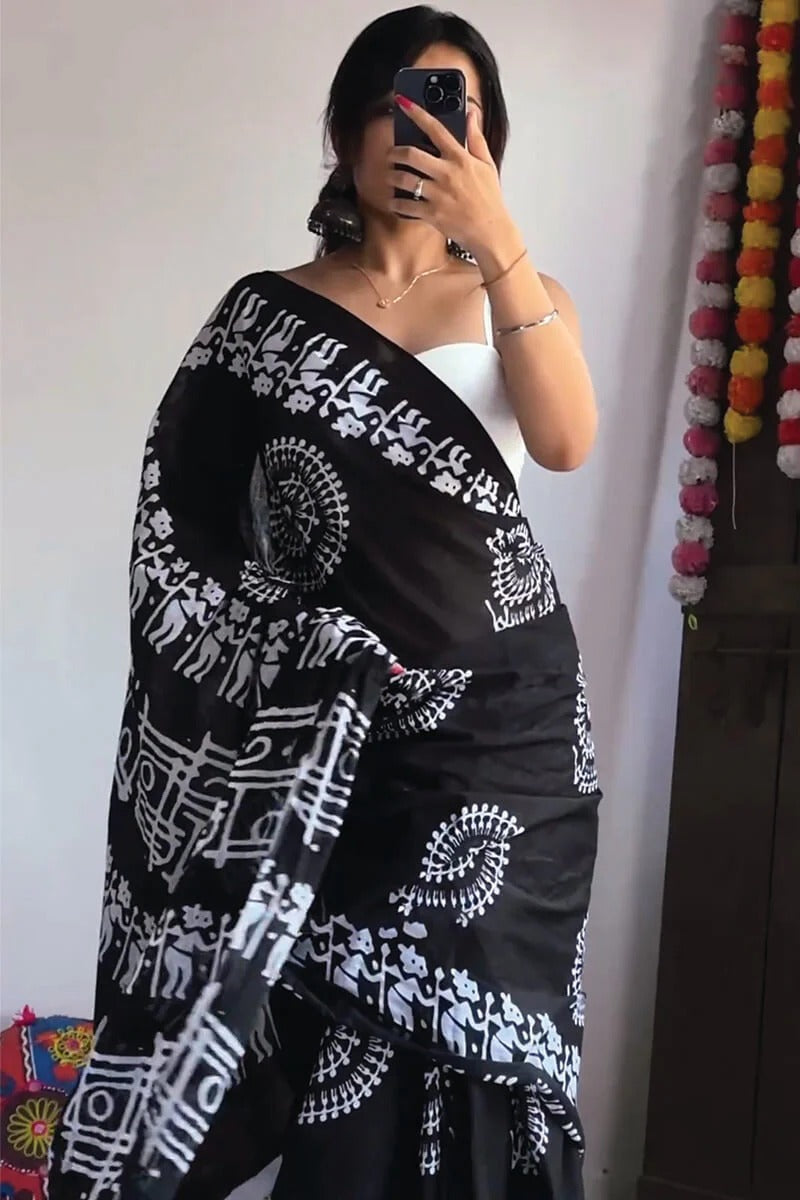 Super Classy 1-Minute Ready To Wear Black Cotton Saree