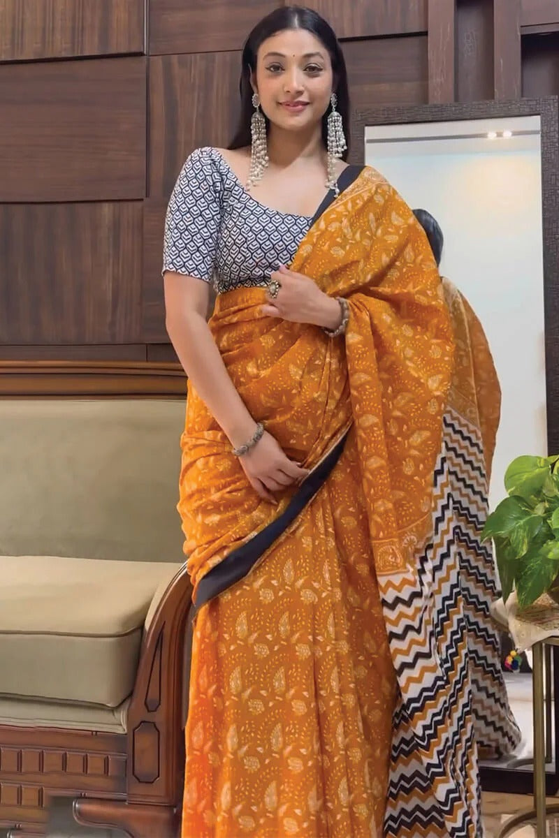 Murmurous 1-Minute Ready To Wear Mustard Cotton Saree