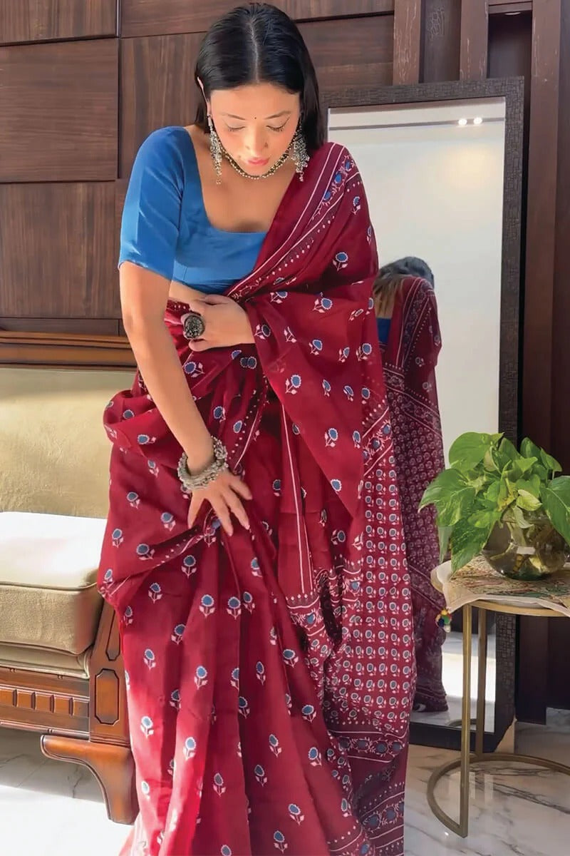 Prodigal 1-Minute Ready To Wear Maroon Cotton Saree