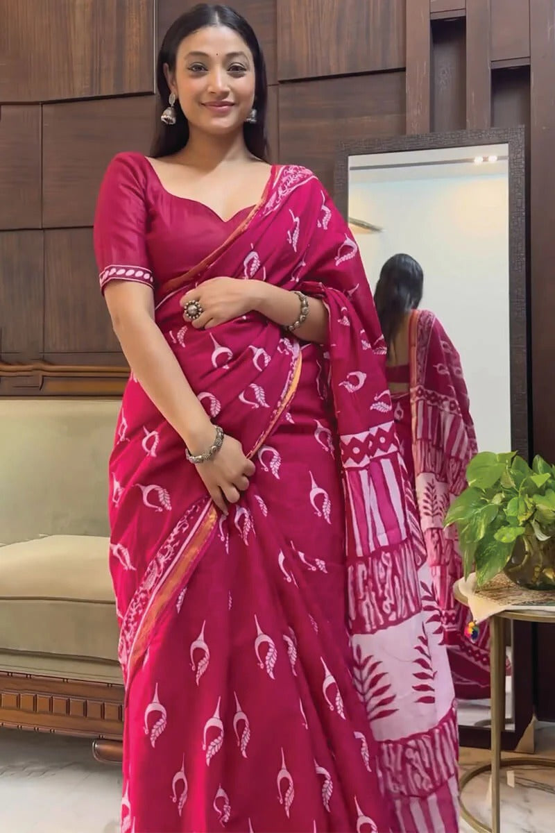 Snappy 1-Minute Ready To Wear Dark Pink Cotton Saree