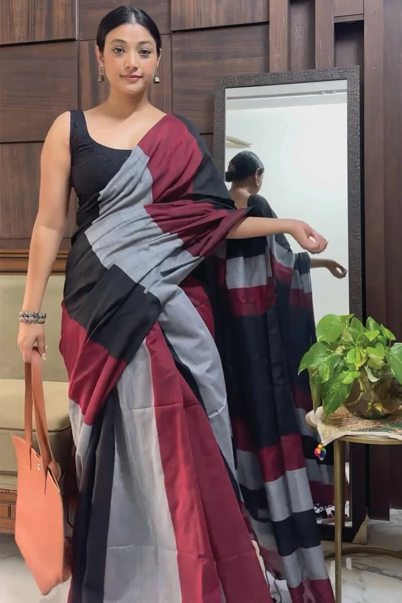 Desultory 1-Minute Ready To Wear Grey And Maroon Cotton Saree