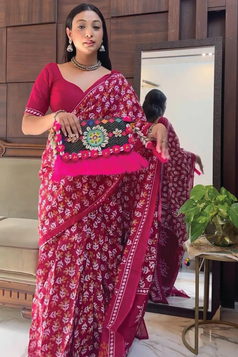 Angelic 1-Minute Ready To Wear Dark Pink Cotton Saree