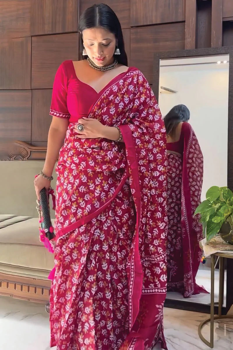 Angelic 1-Minute Ready To Wear Dark Pink Cotton Saree