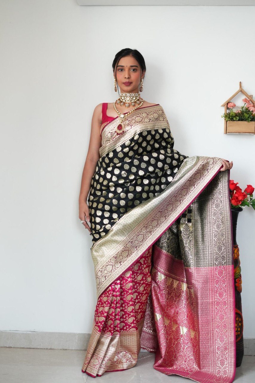 1 Minute Ready To Wear Black and Pink Color Soft Silk Saree