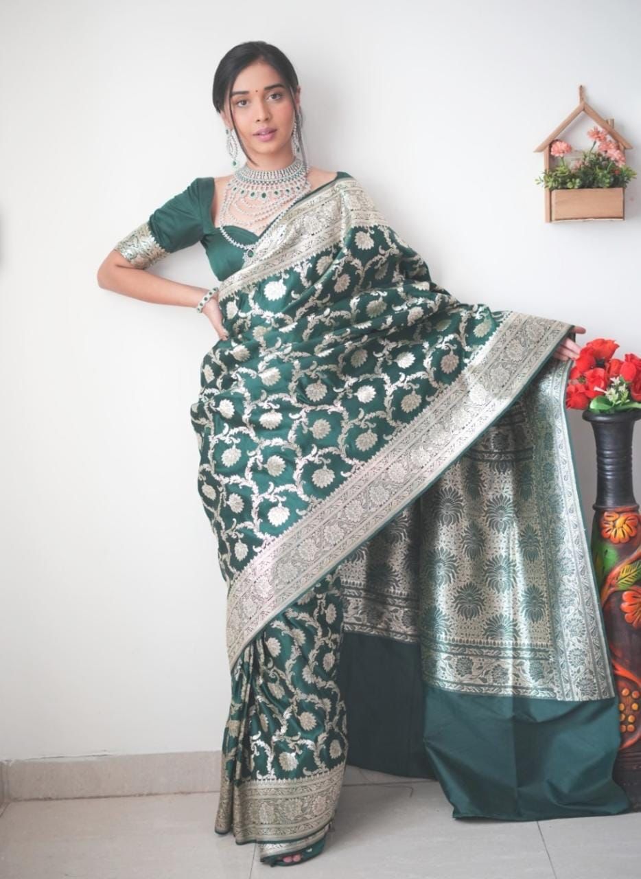 Marvellous 1 Minute Ready To Wear Green Color Soft Silk Saree