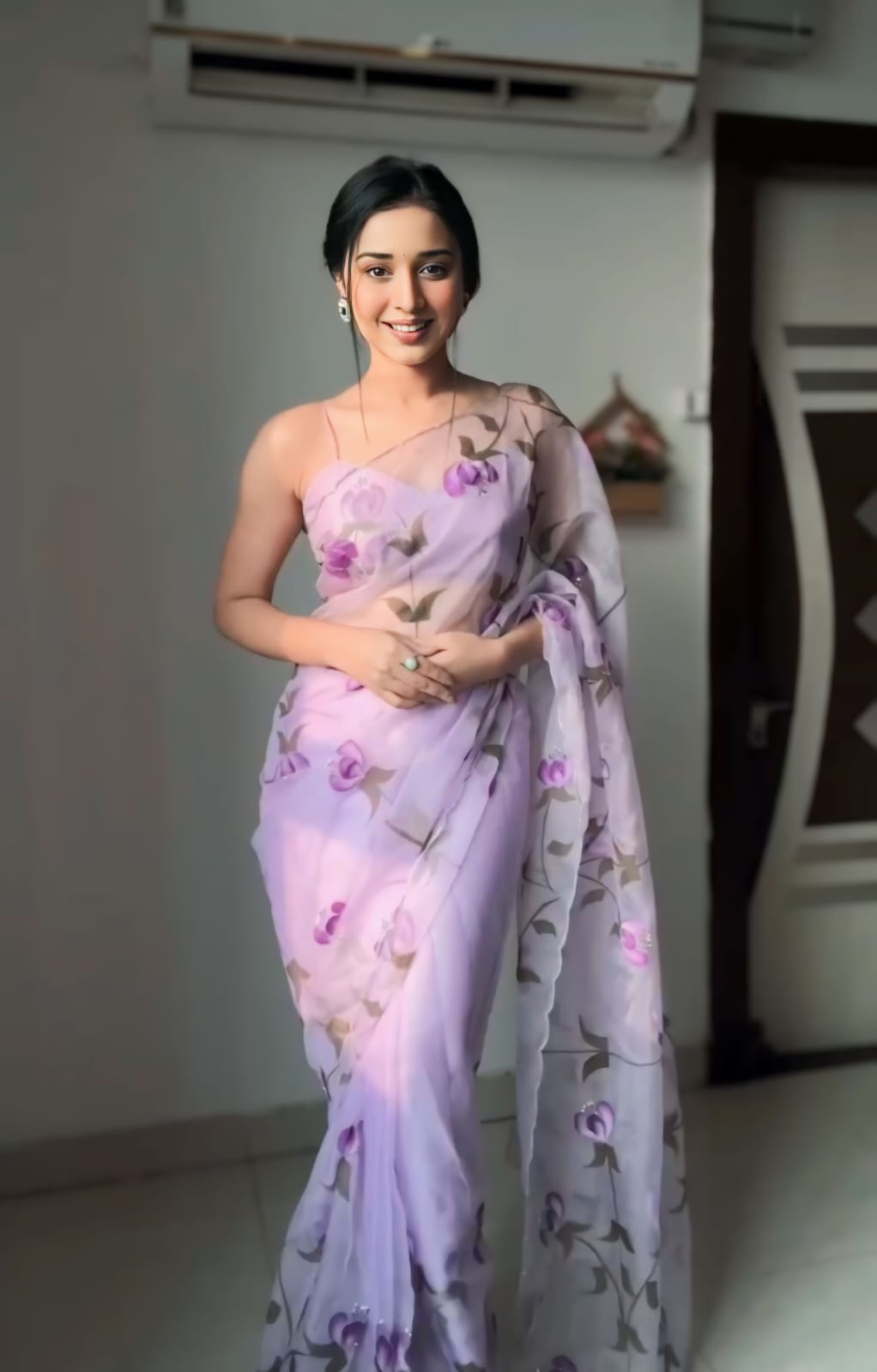 Dazzling 1 Minute Ready To Wear Lavender Floral Digital Printed Organza Silk Saree