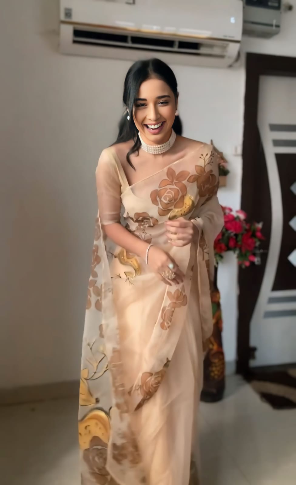 Ebullience 1 Minute Ready To Wear Beige Organza Silk Saree