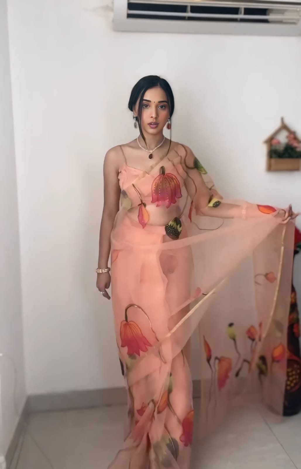 Fancifull 1-Minute Ready To Wear Peach Organza Silk Saree