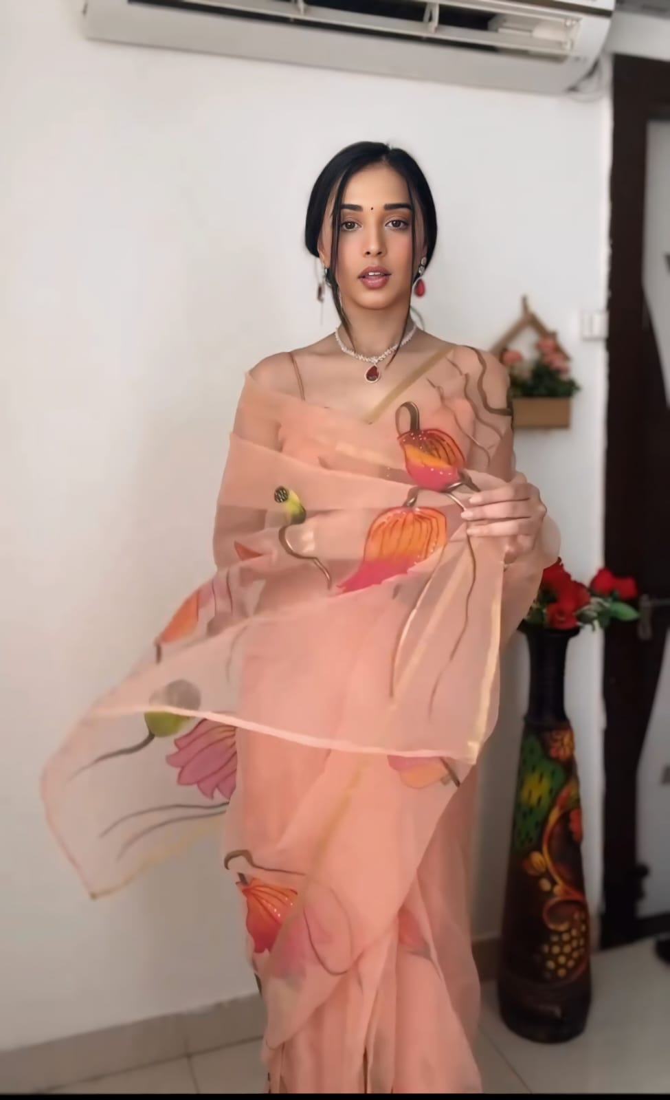 Fancifull 1-Minute Ready To Wear Peach Organza Silk Saree