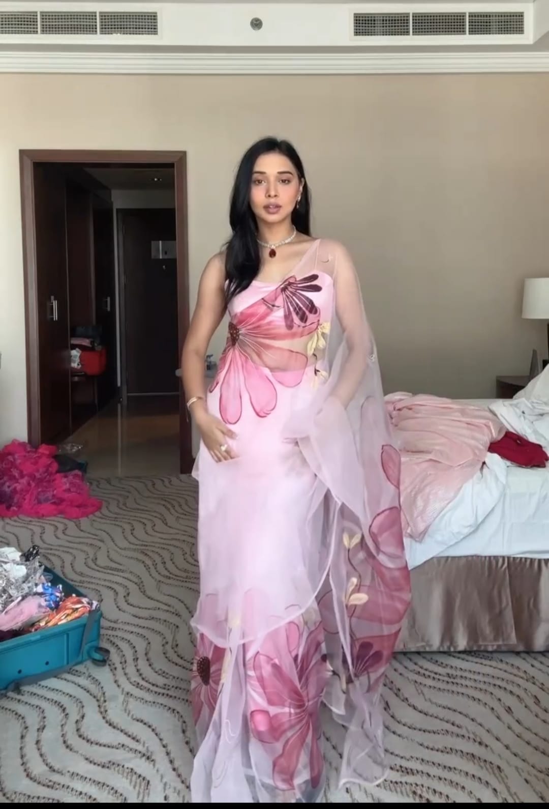 Gleaming 1-Minute Ready To Wear Baby Pink Organza Silk Saree