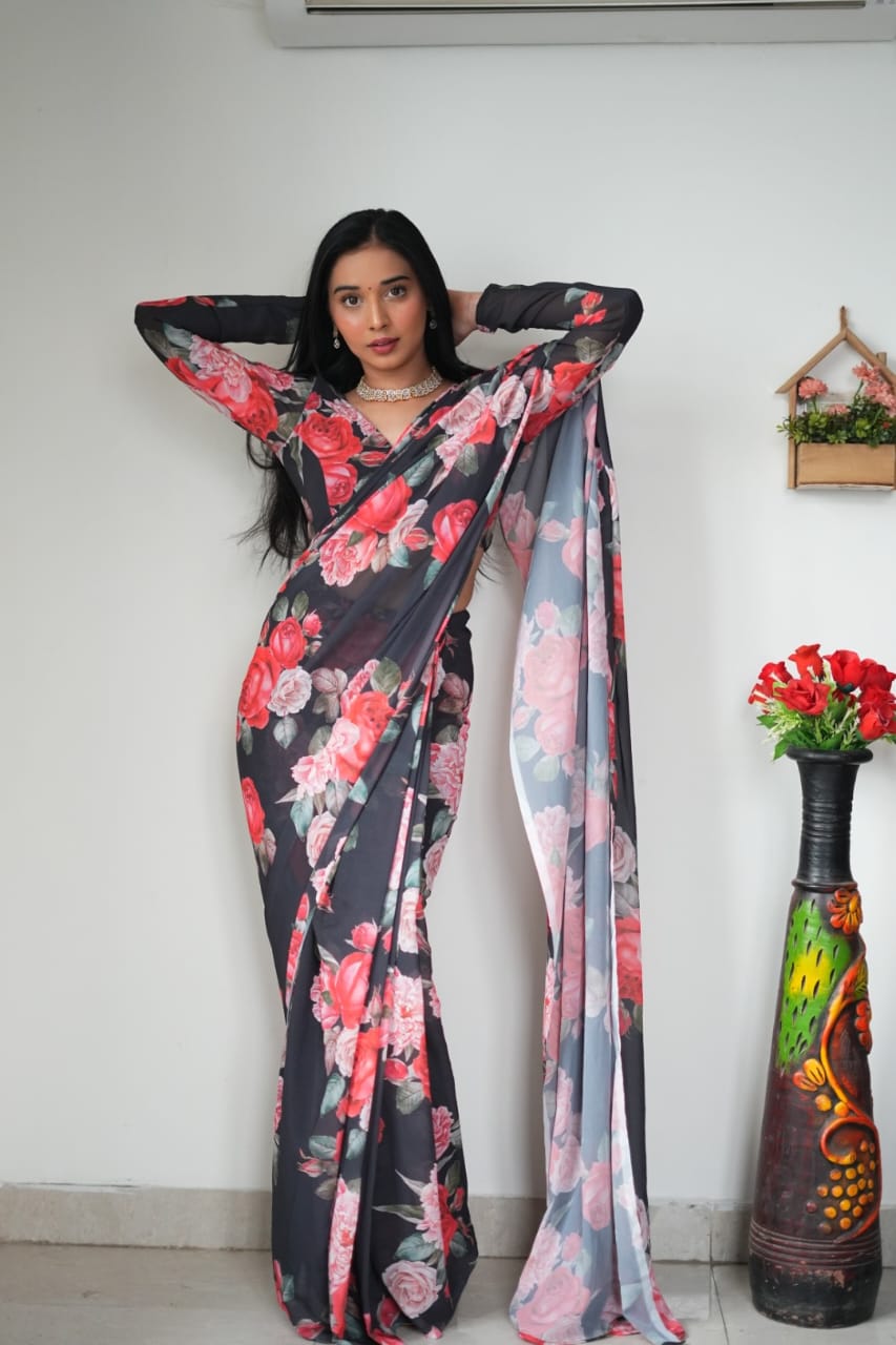 Imaginative 1 Minute Ready To Wear Black Floral Digital Printed Georgette Silk Saree