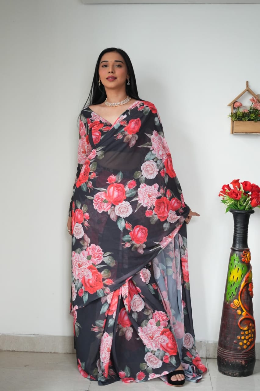 Imaginative 1 Minute Ready To Wear Black Floral Digital Printed Georgette Silk Saree