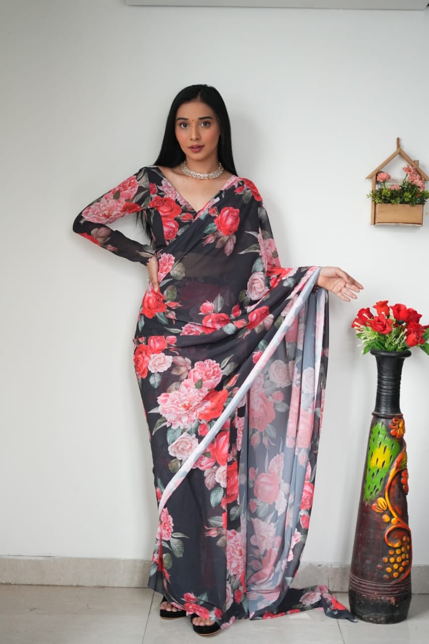 Imaginative 1 Minute Ready To Wear Black Floral Digital Printed Georgette Silk Saree