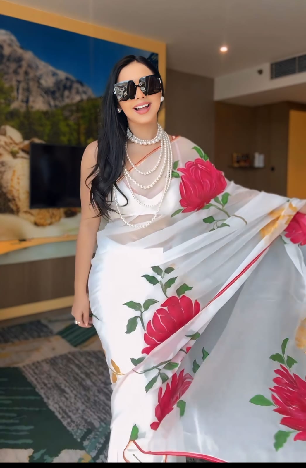 Magnific 1 Minute Ready To Wear White Floral Digital Printed Georgette Silk Saree