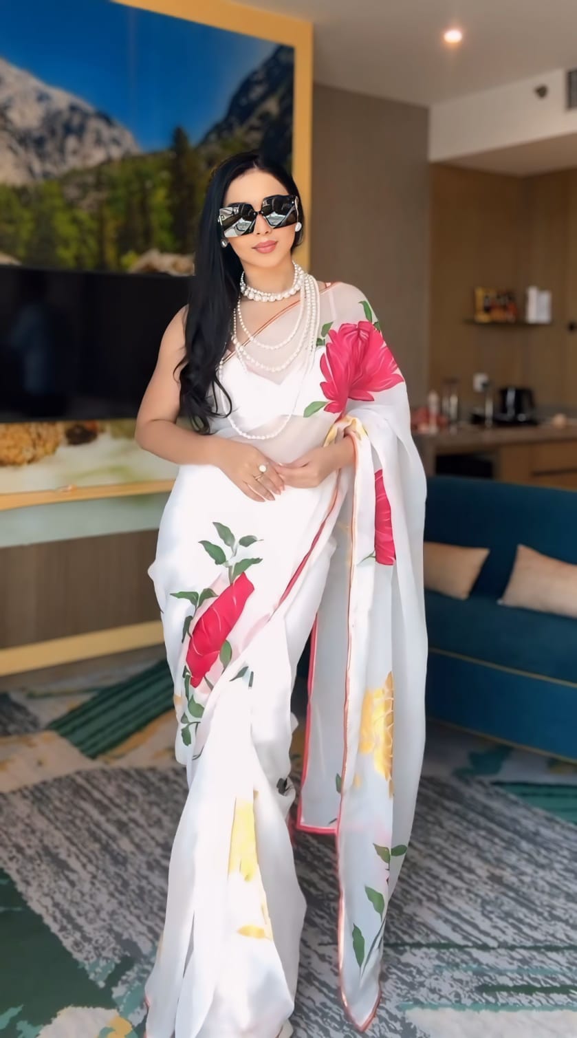 Magnific 1 Minute Ready To Wear White Floral Digital Printed Georgette Silk Saree