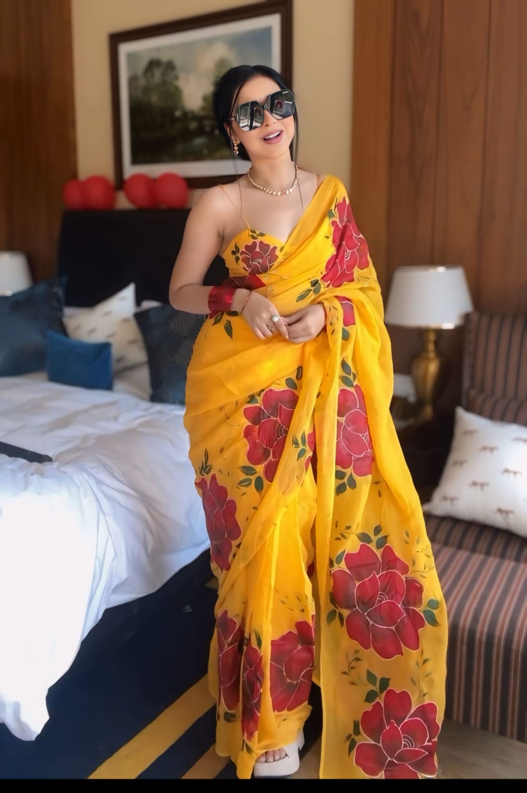 Panoply Yellow 1 Minute Ready To Wear Floral Digital Printed Organza Saree