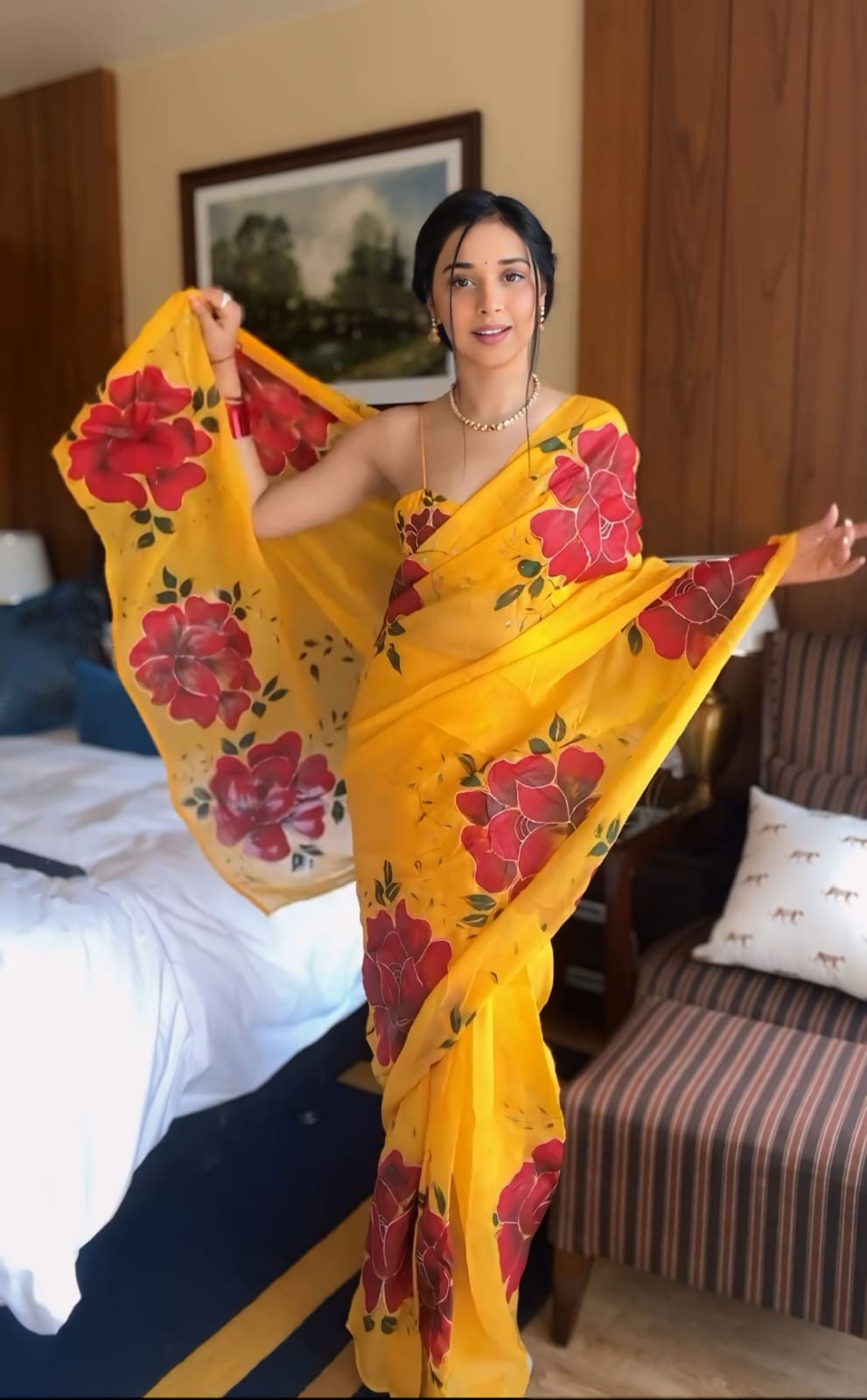 Panoply Yellow 1 Minute Ready To Wear Floral Digital Printed Organza Saree