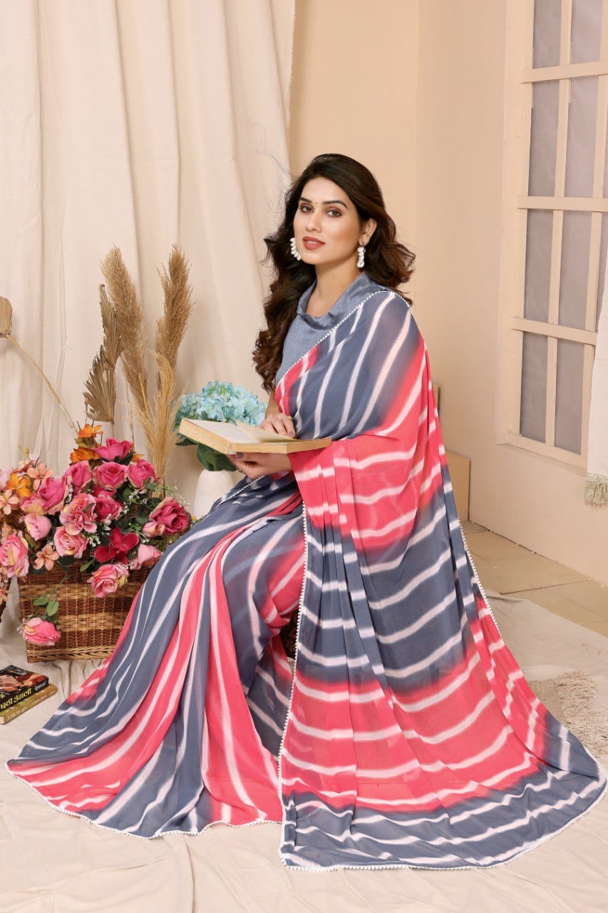 Demure 1 Minute Ready To Wear Grey and Pink Georgette Silk Saree