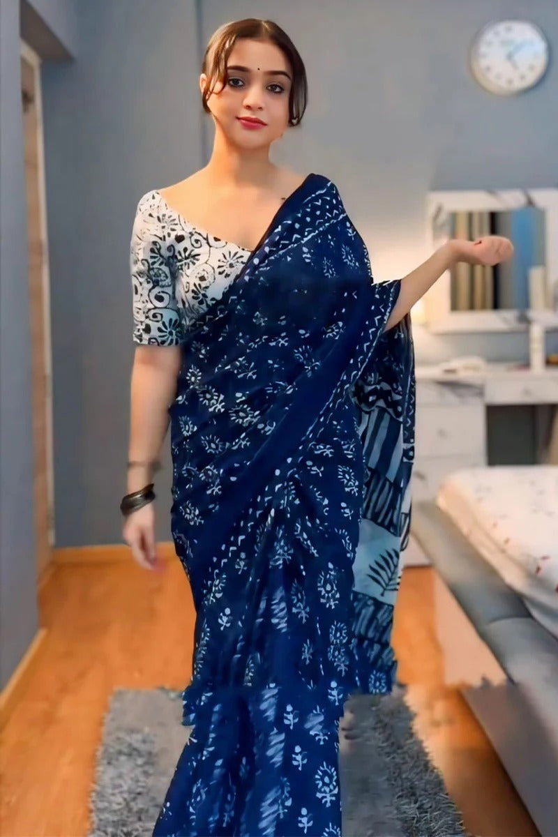 Palimpsest 1-Minute Ready To Wear Blue Cotton Saree