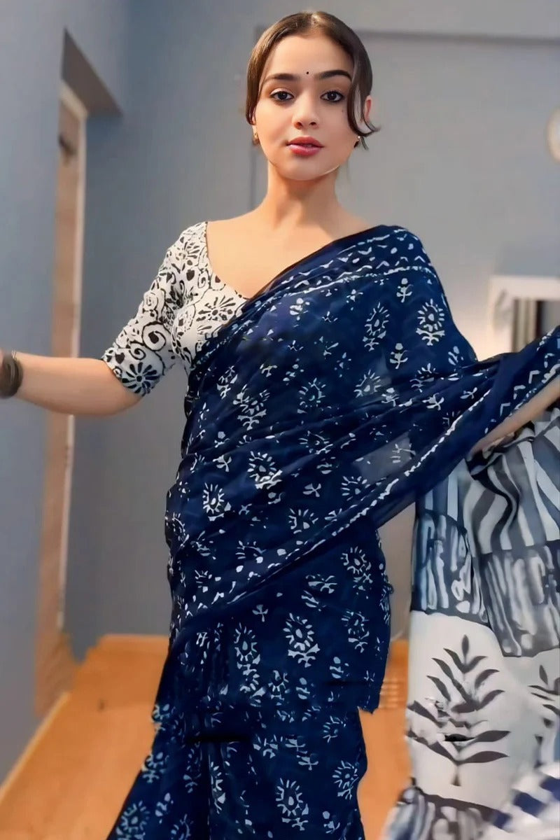 Palimpsest 1-Minute Ready To Wear Blue Cotton Saree