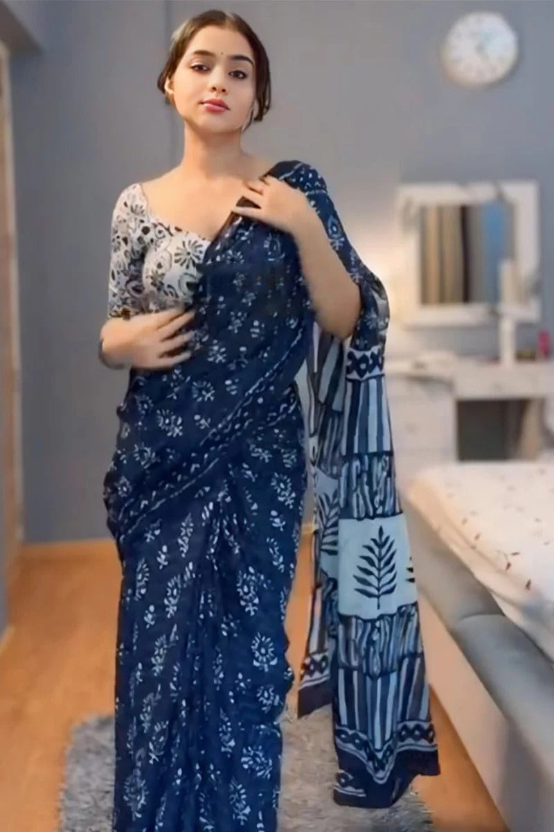 Palimpsest 1-Minute Ready To Wear Blue Cotton Saree