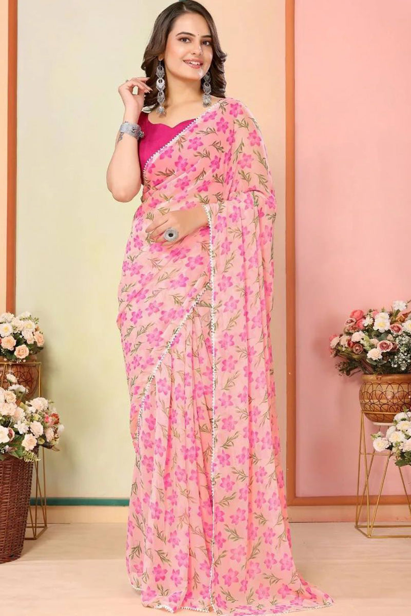 Conflate Pink 1 Minute Ready To Wear Floral Digital Printed Georgette Saree