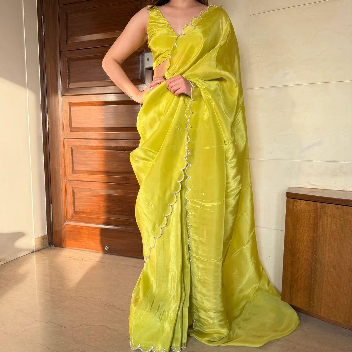 Phenomenal 1 Minute Ready To Wear Parrot Chinon Saree