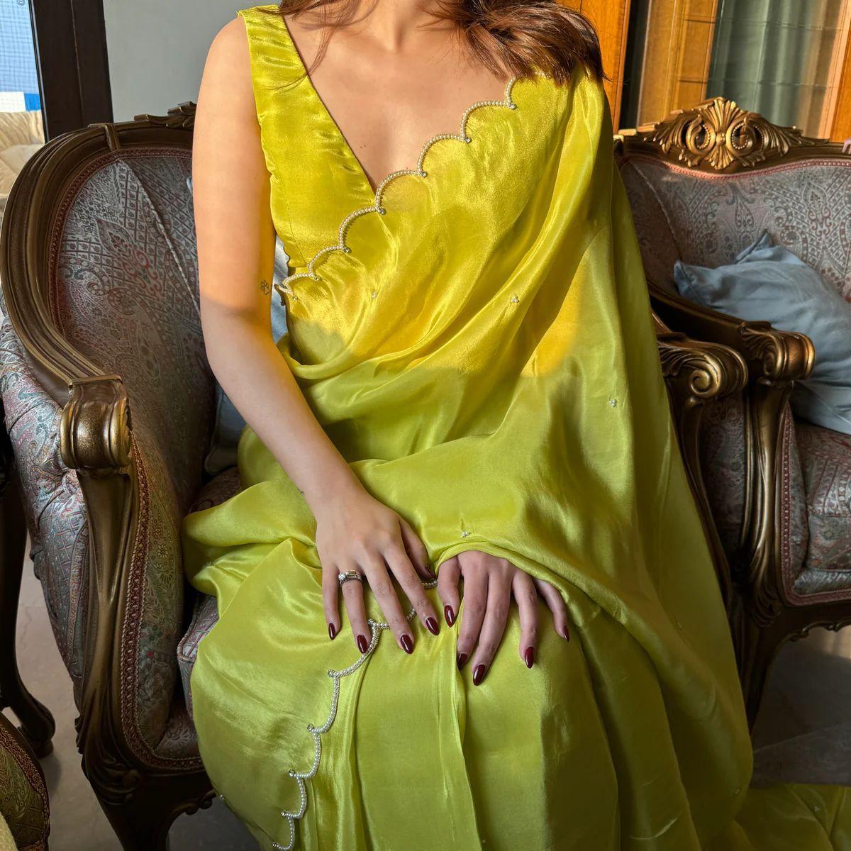 Phenomenal 1 Minute Ready To Wear Parrot Chinon Saree