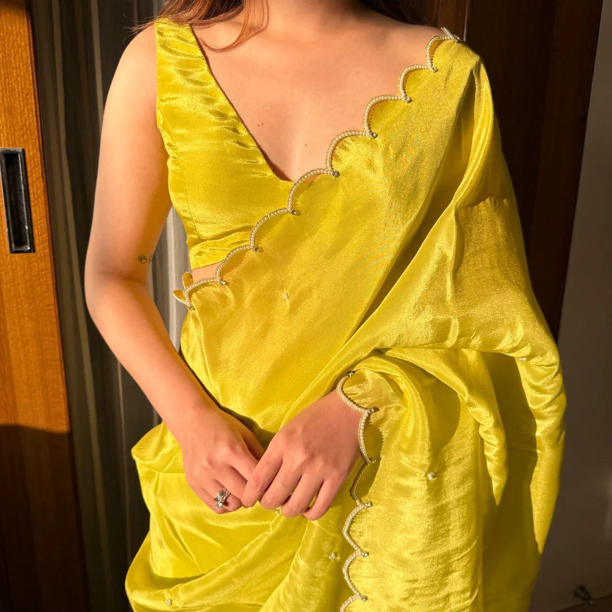 Phenomenal 1 Minute Ready To Wear Parrot Chinon Saree