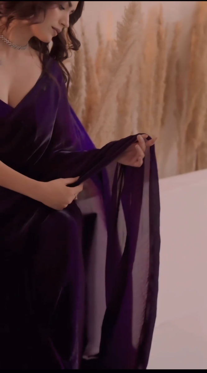 DrapeMajesty 1 Minute Ready To Wear Dark Purple Digital Printed Georgette Silk Saree