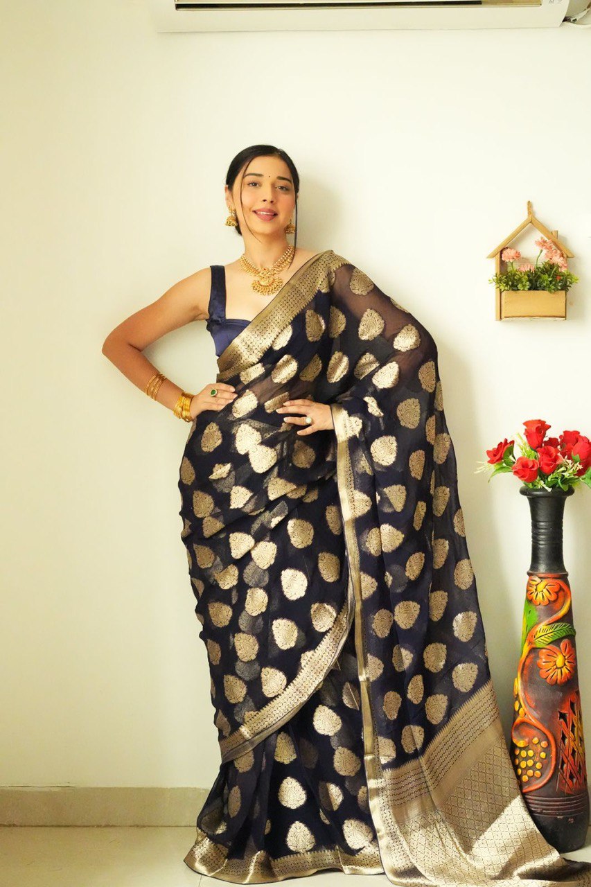 1 Minute Ready To Wear Black Color Jacquard Lichi Silk Saree With Unstitched Blouse