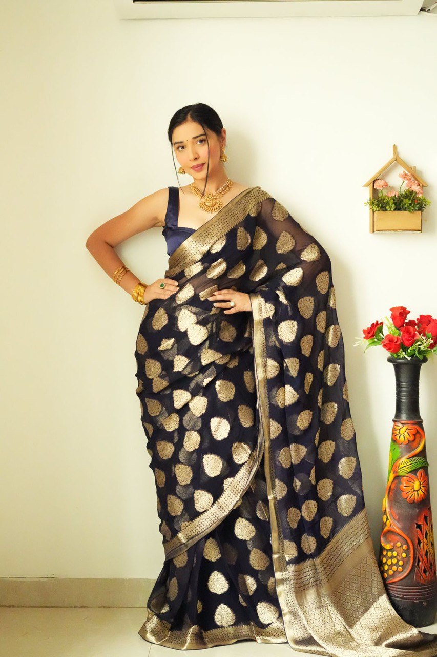 1 Minute Ready To Wear Black Color Jacquard Lichi Silk Saree With Unstitched Blouse