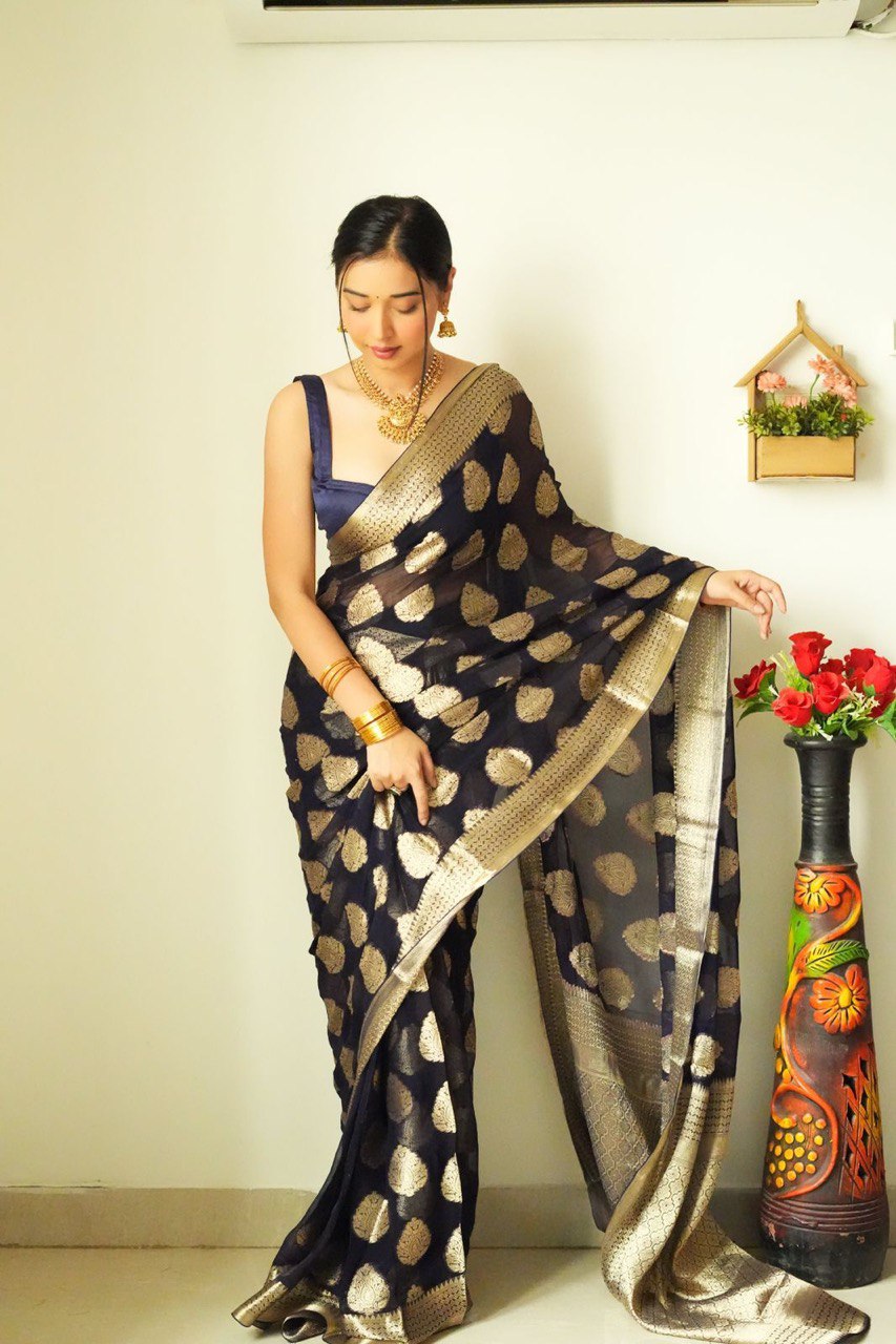 1 Minute Ready To Wear Black Color Jacquard Lichi Silk Saree With Unstitched Blouse