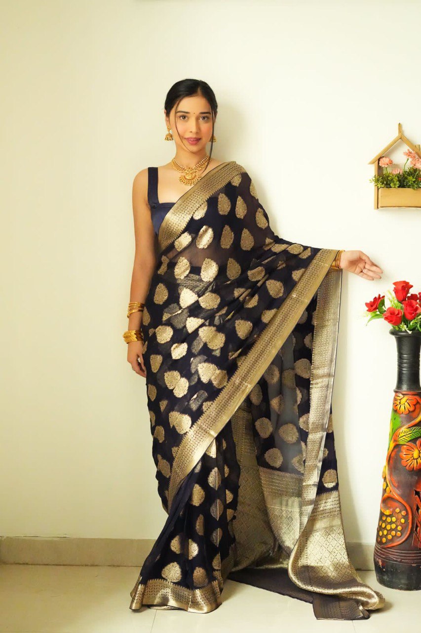 1 Minute Ready To Wear Black Color Jacquard Lichi Silk Saree With Unstitched Blouse