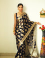 1 Minute Ready To Wear Black Color Jacquard Lichi Silk Saree With Unstitched Blouse