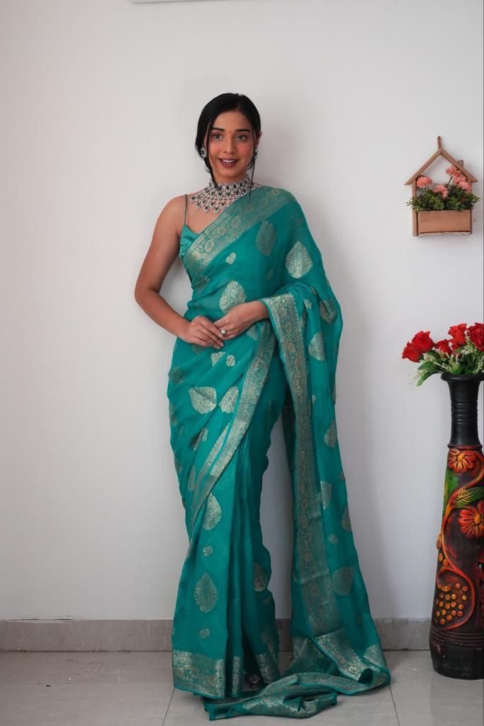 1 Minute Ready To Wear Sea Green Color Soft Silk Saree With Unstitched Blouse