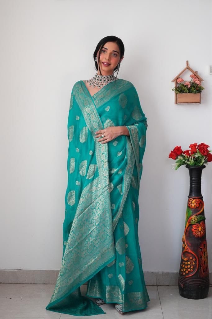 1 Minute Ready To Wear Sea Green Color Soft Silk Saree With Unstitched Blouse