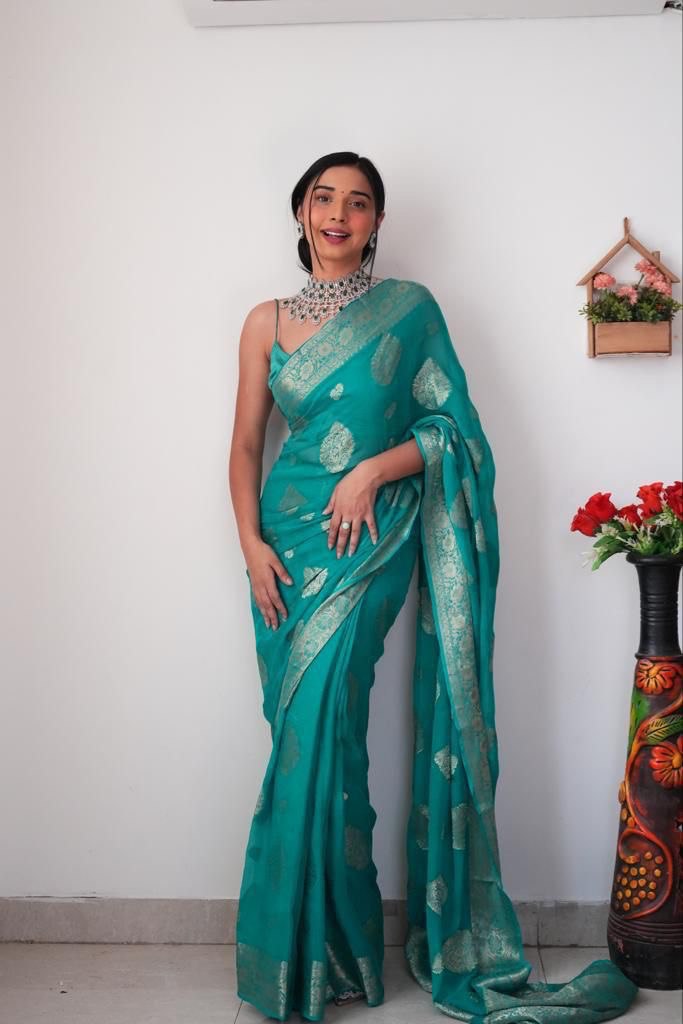 1 Minute Ready To Wear Sea Green Color Soft Silk Saree With Unstitched Blouse