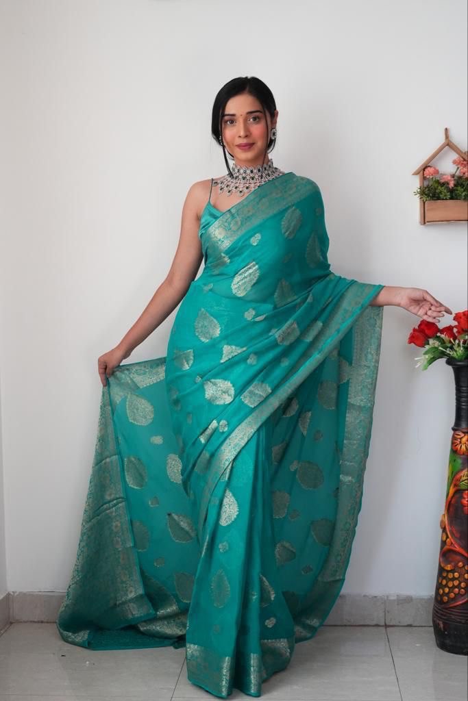 1 Minute Ready To Wear Sea Green Color Soft Silk Saree With Unstitched Blouse