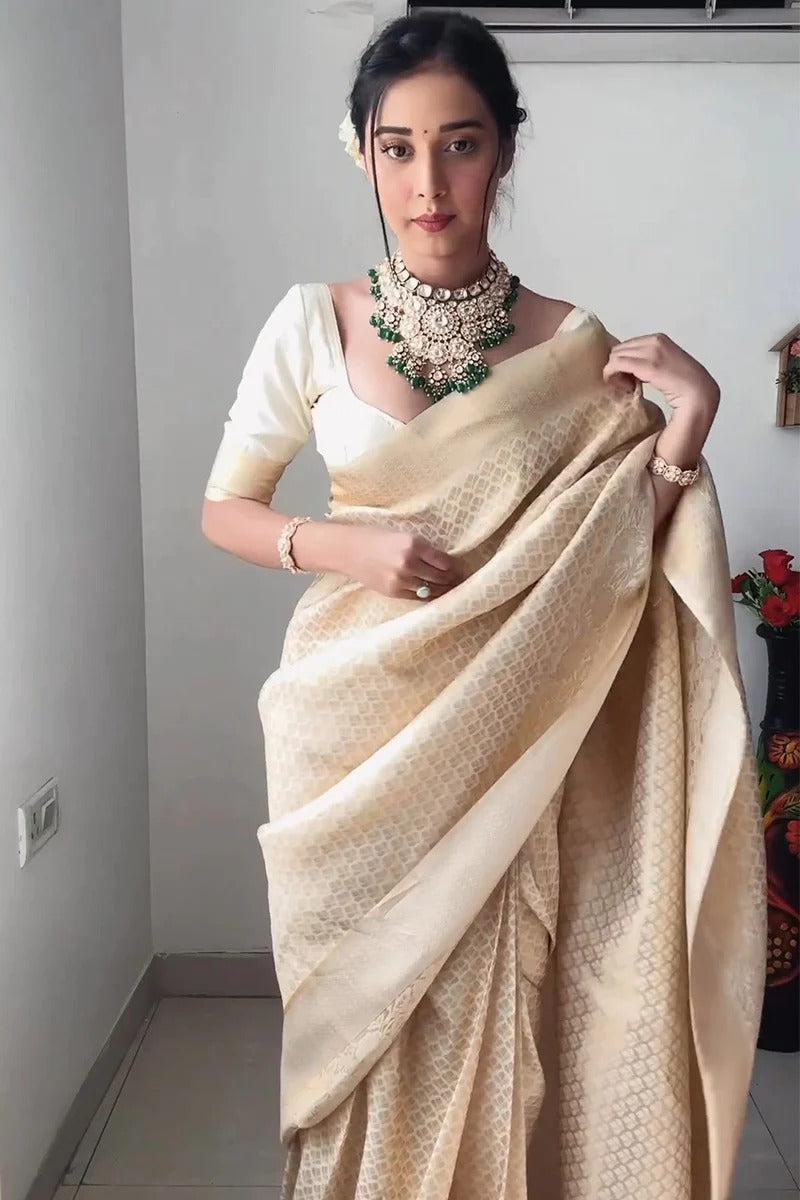 Lagniappe 1 Minute Ready To Wear Beige Kanjivaram Silk Saree