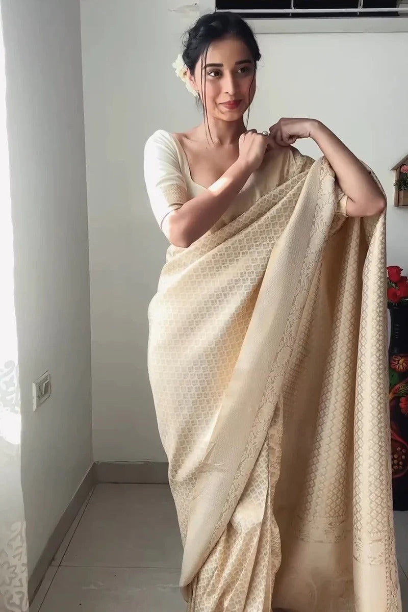 Lagniappe 1 Minute Ready To Wear Beige Kanjivaram Silk Saree