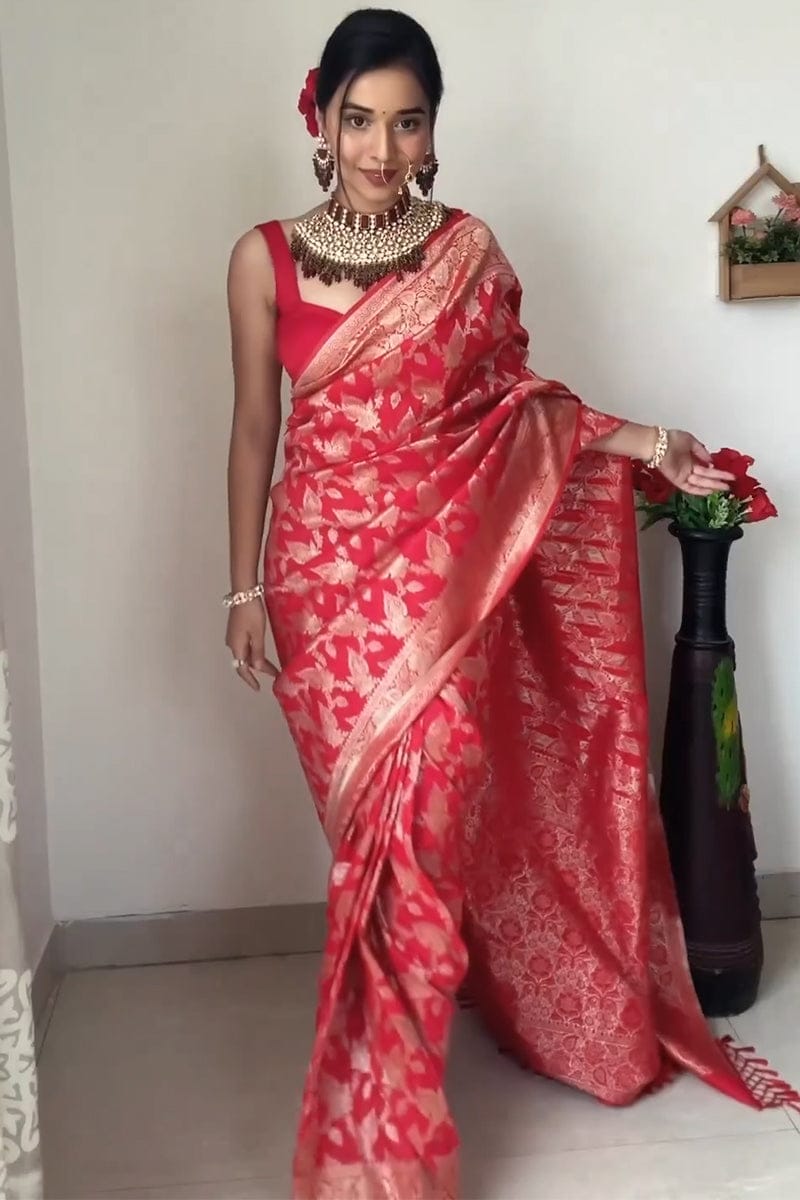 Gleaming 1 Minute Ready To Wear Red Color Soft Silk Saree With Unstitched Blouse