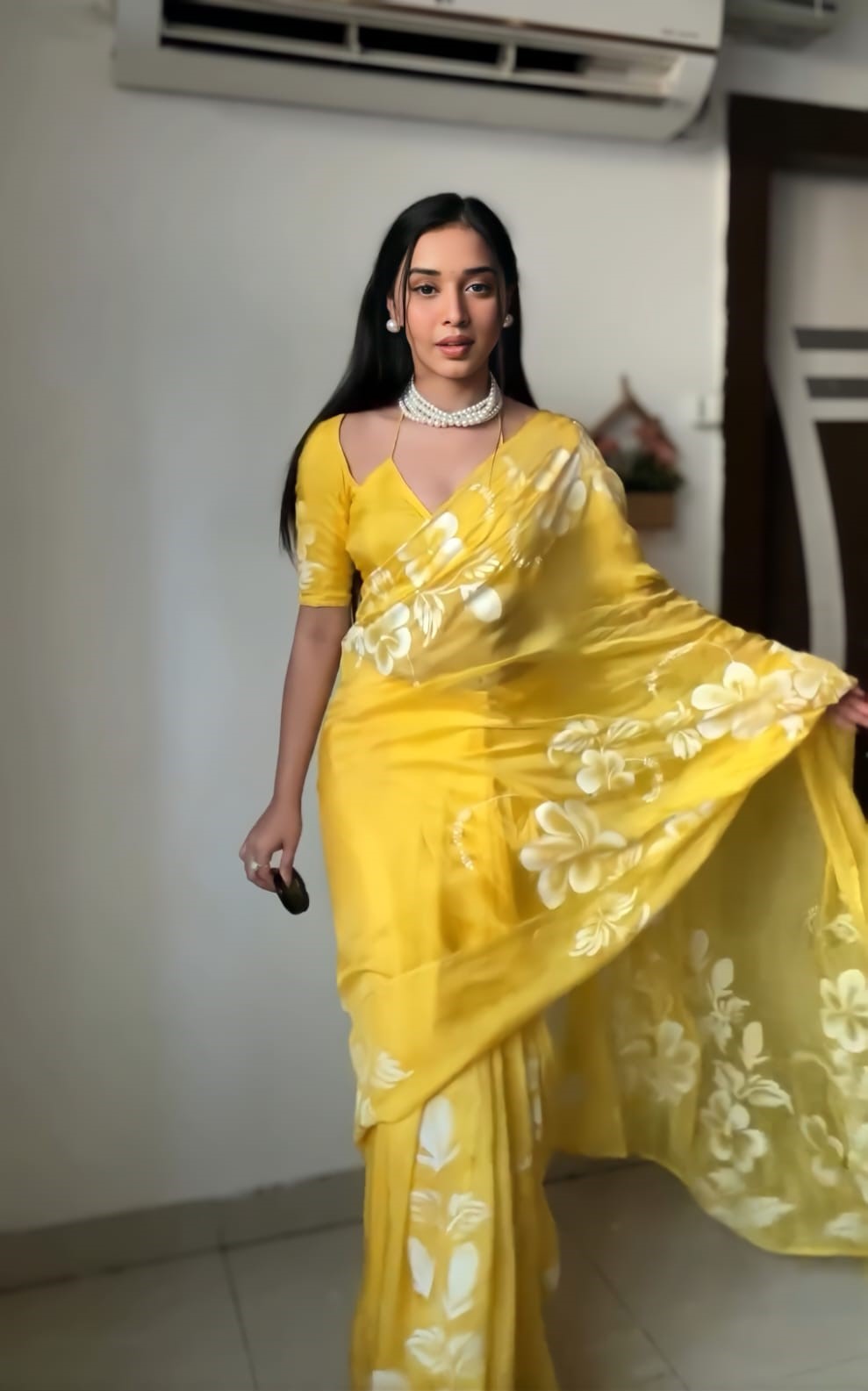 1 Minute Ready To Wear Yellow Color Floral Digital Printed Georgette Saree With Blouse Piece