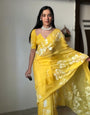 1 Minute Ready To Wear Yellow Color Floral Digital Printed Georgette Saree With Blouse Piece