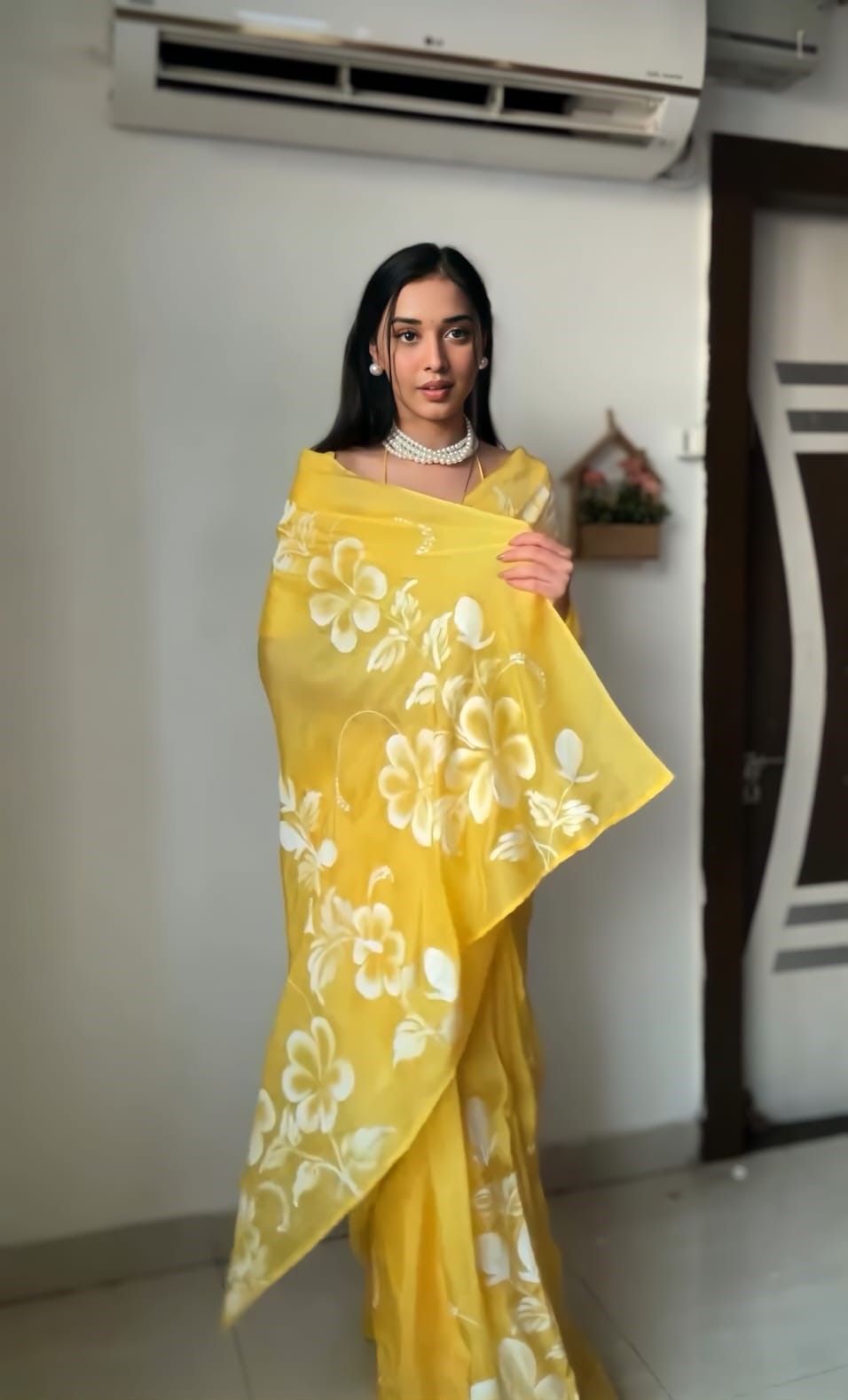 1 Minute Ready To Wear Yellow Color Floral Digital Printed Georgette Saree With Blouse Piece