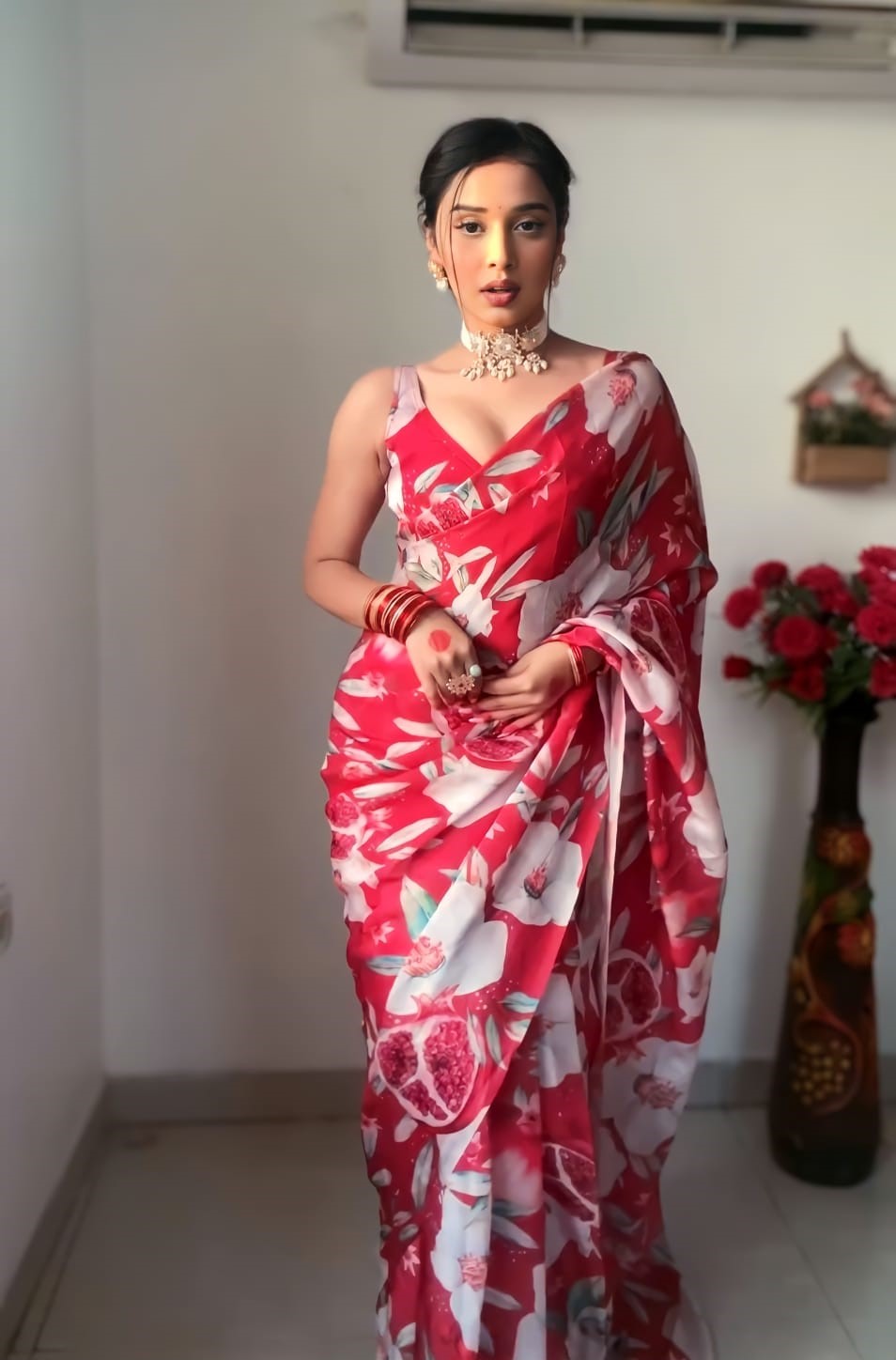 Adorning Red 1 Minute Ready To Wear Floral Digital Printed Georgette Saree With Blooming Blouse Piece