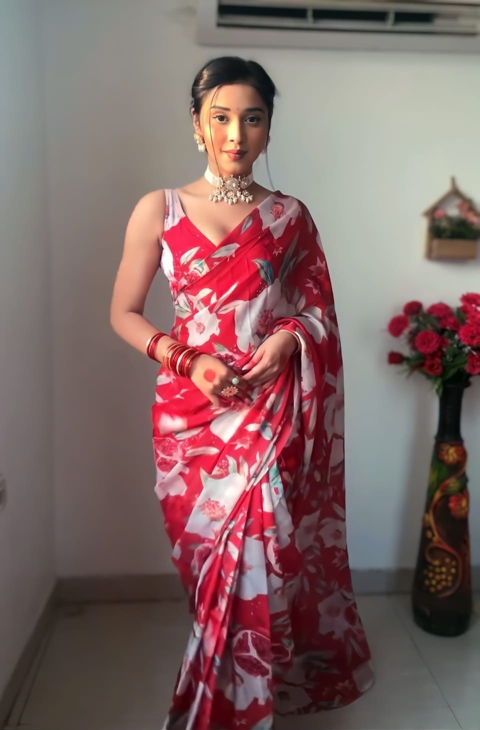 Adorning Red 1 Minute Ready To Wear Floral Digital Printed Georgette Saree With Blooming Blouse Piece